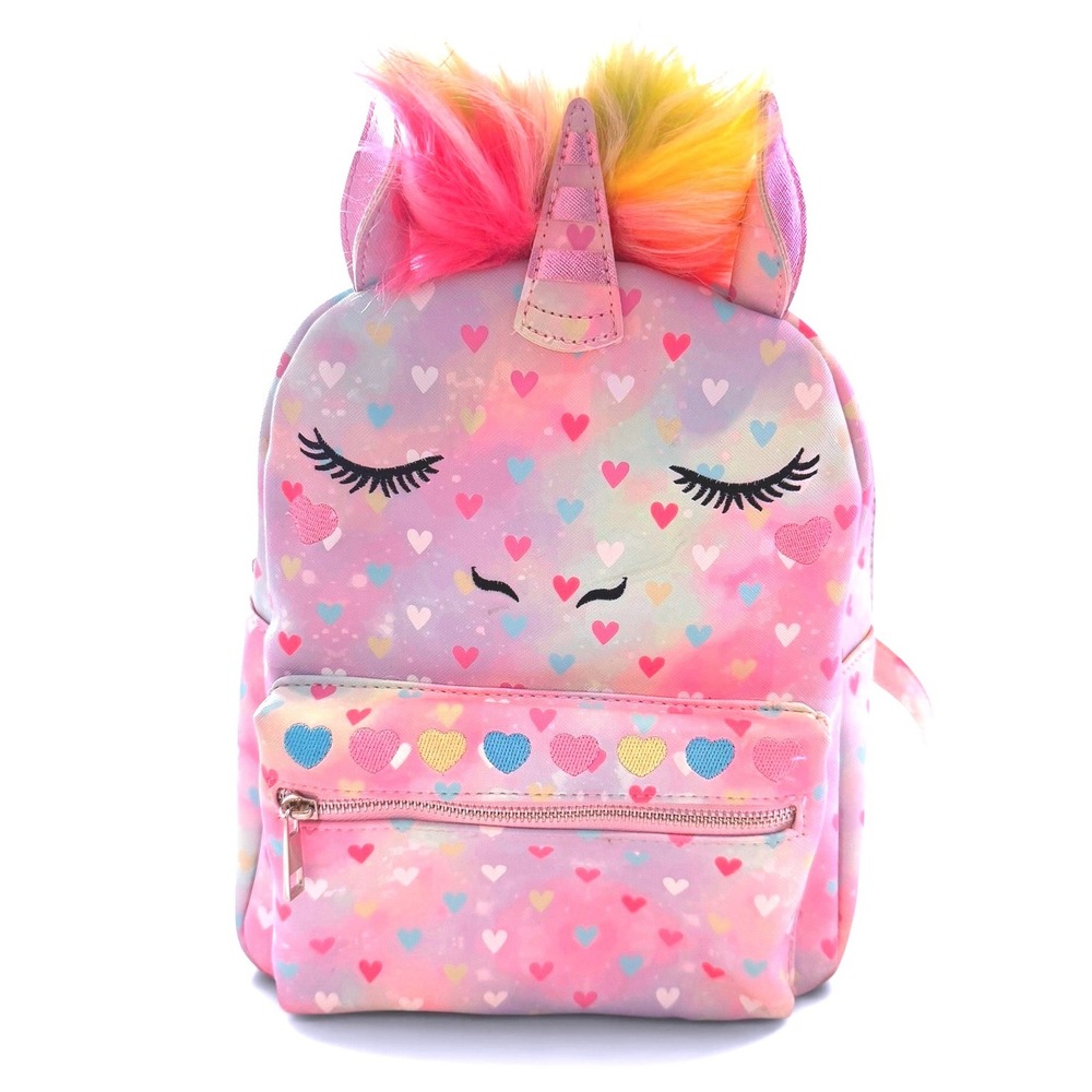 Under One Sky Unicorn Mini Backpack Pastel Heart Tie Dye Faux Fur Mane Pink